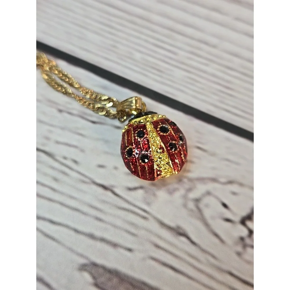 Kingspoint Designs Ladybug trinket box w/ necklace red enamel Jewelry Rhinestone